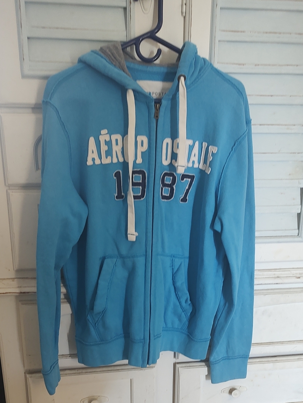 Aeropostale Light Blue Zip Hoodie with White Drawstrings